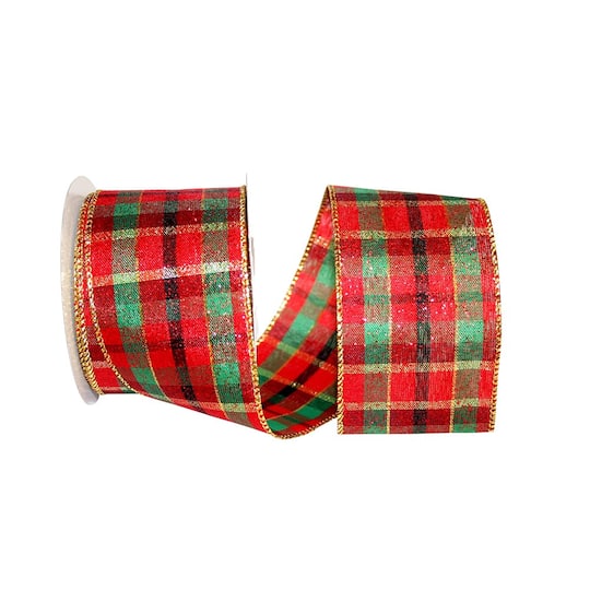 Reliant 2.5" x 10yd. Red & Gold Sparkle Christmas Plaid Wired Ribbon, 10yd.